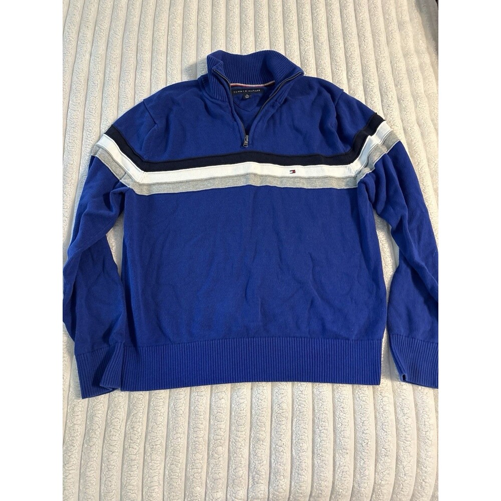 VINTAGE Tommy Hilfiger Sweater Mens XL Blue Gray Striped 1/4 Zip Pullover